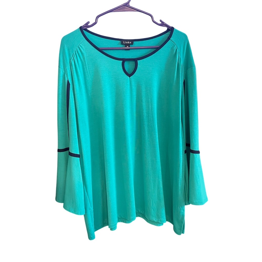 Links Women's 1X Teal Top with Navy‎ Trim, Bell Sleeve, Keyhole Neck NWT